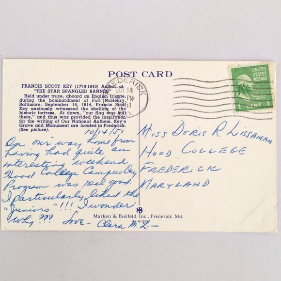 Francis Scott Key Hotel & Grave Monument Frederick MD Vtg Linen Postcard 1951 - Picture 2 of 2